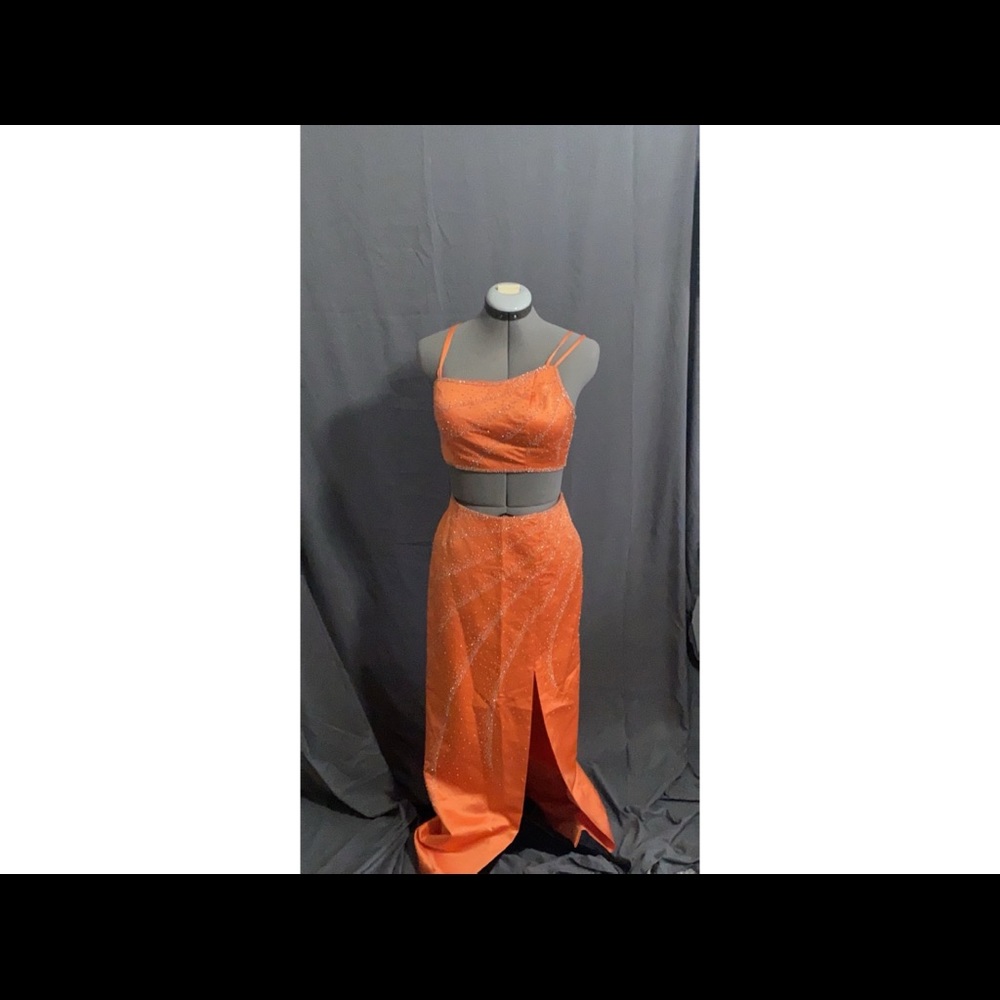 Orange dress two piece prom dress with side slit